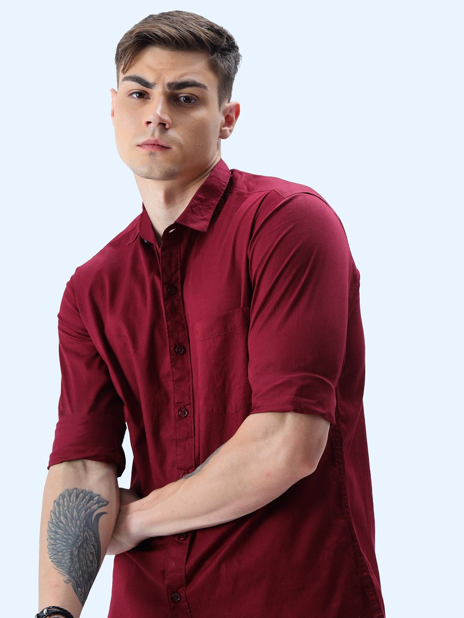 Maroon Solid Cotton Full Sleeve Shirt - Guniaa Fashions