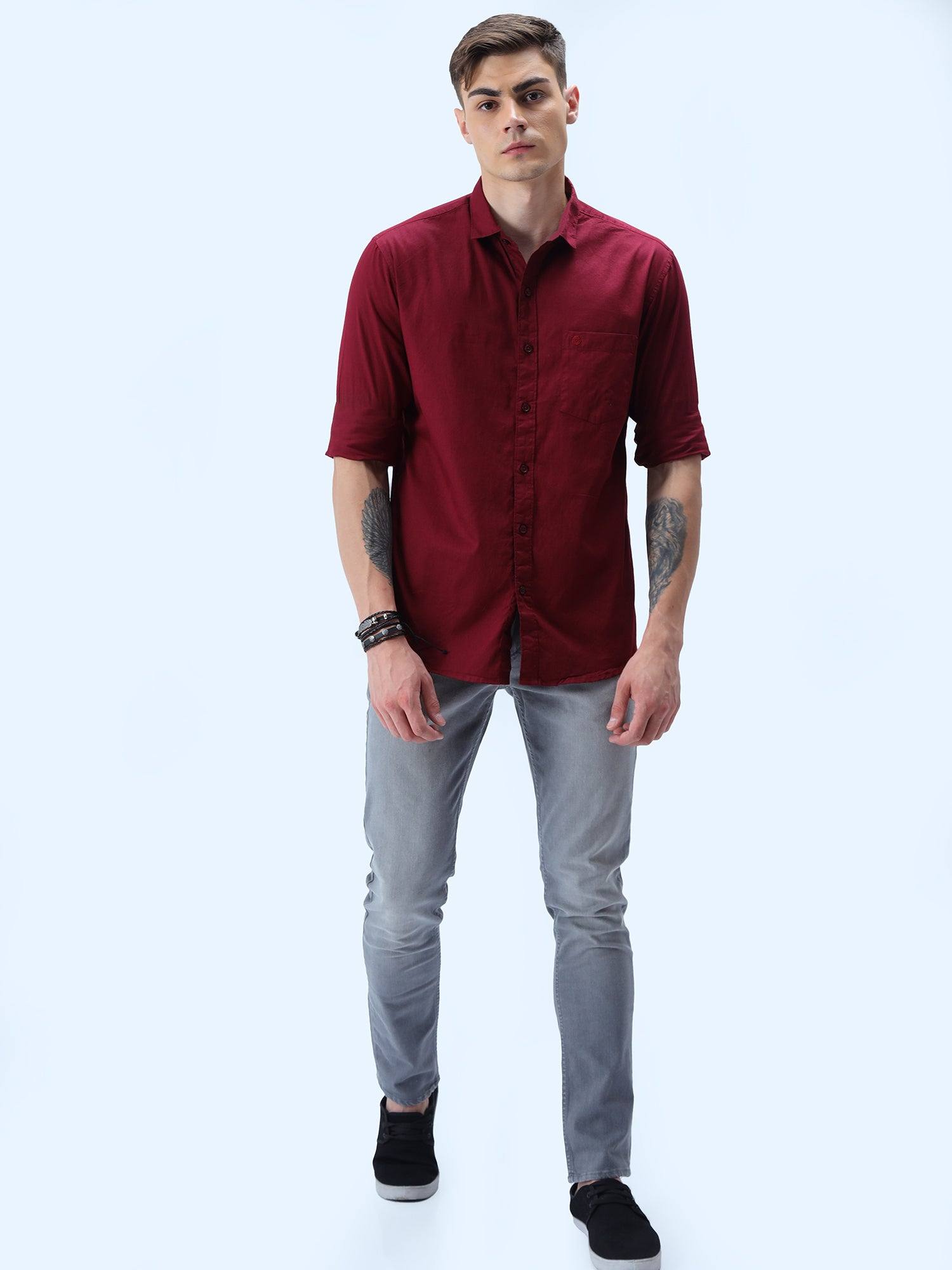 Maroon Solid Cotton Full Sleeve Shirt - Guniaa Fashions