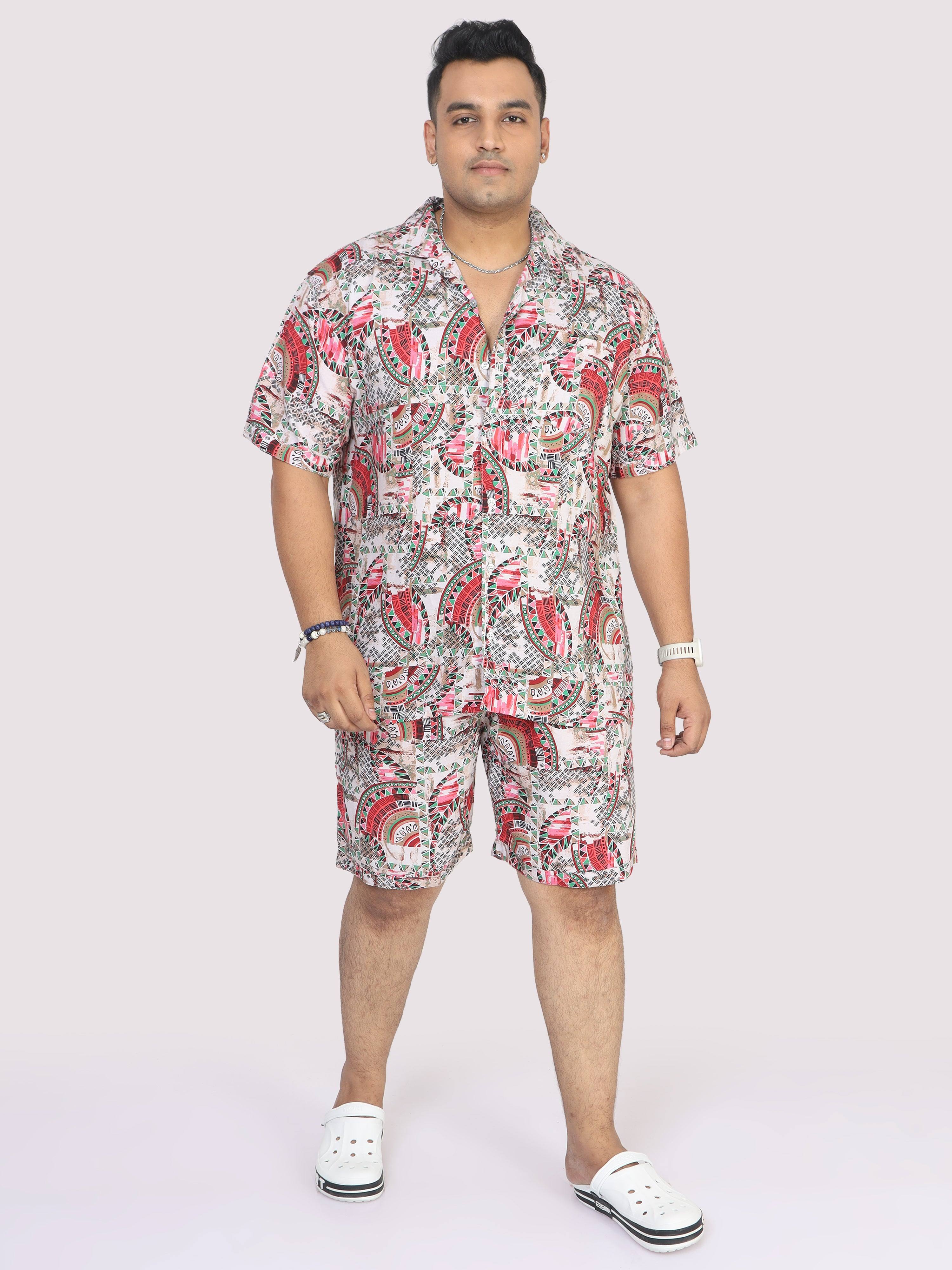 Men Plus Size Abstract Red Printed Half Sleeve Co-Ords - Guniaa Fashions