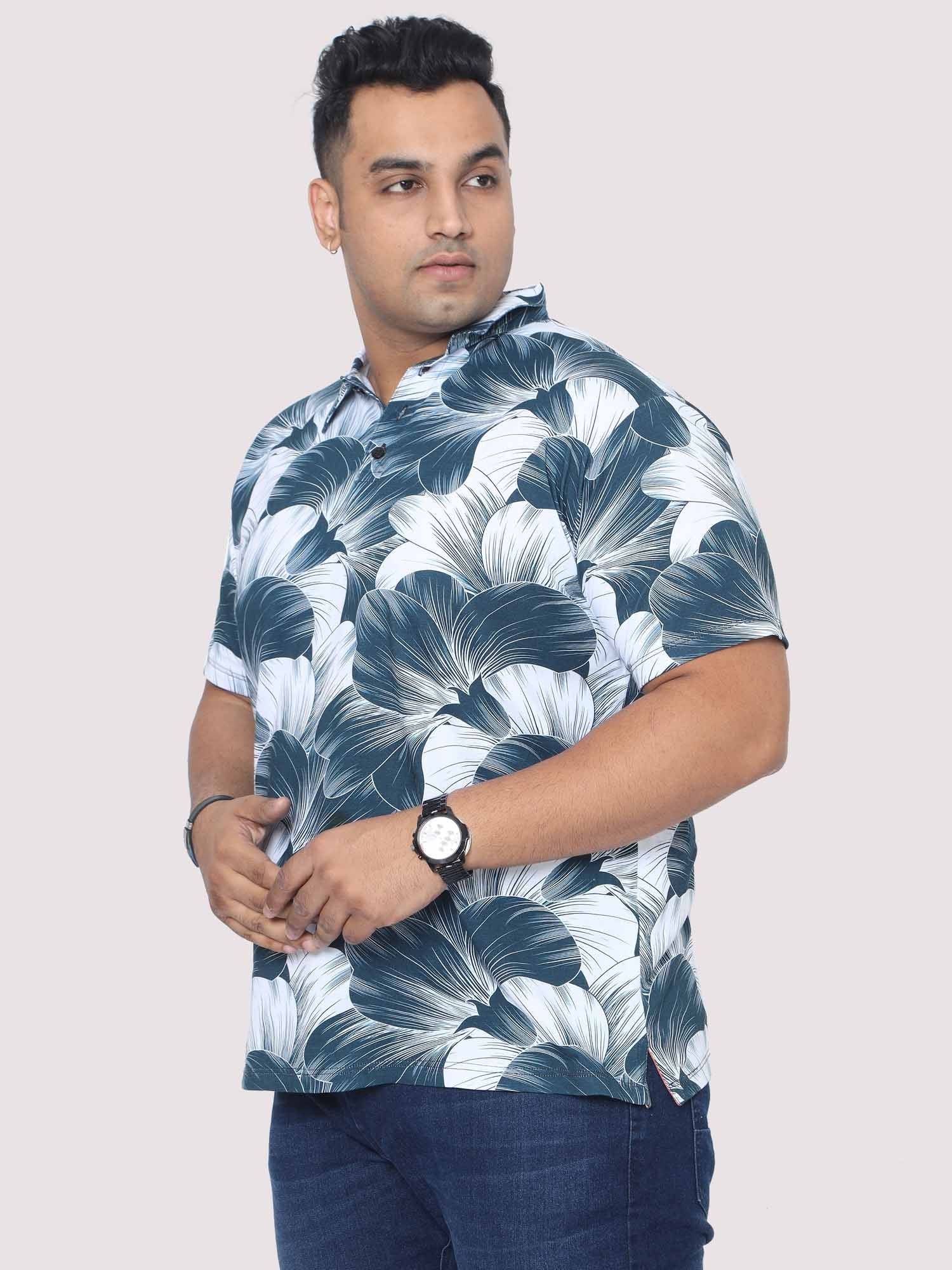 Men Plus Size Big Grey Flower Digital Printed Polo Collar T-shirt - Guniaa Fashions