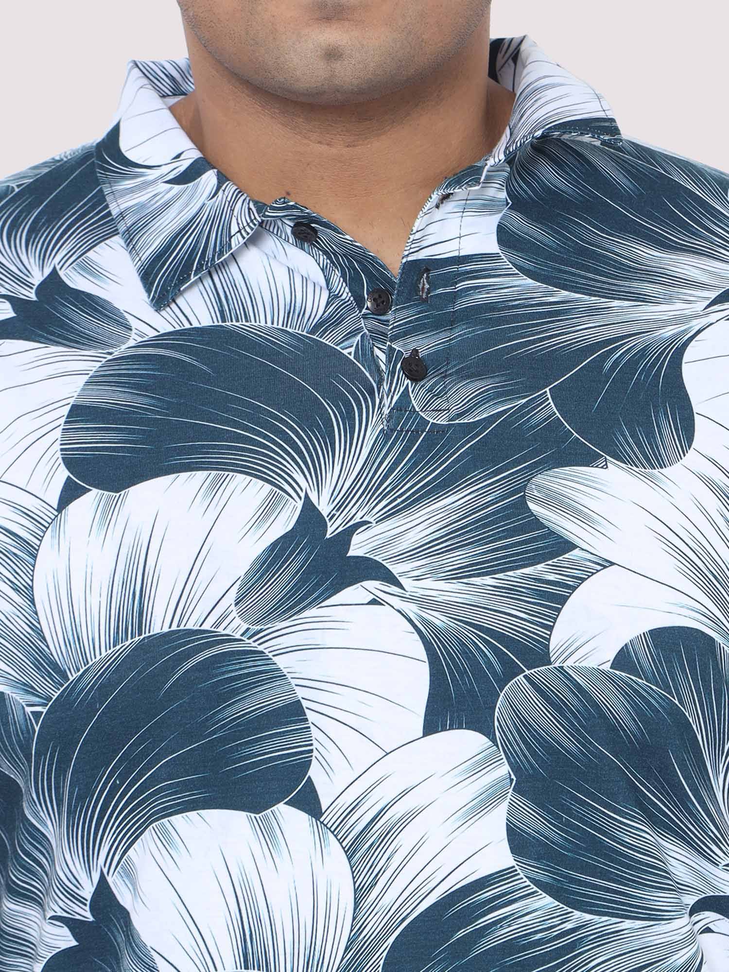 Men Plus Size Big Grey Flower Digital Printed Polo Collar T-shirt - Guniaa Fashions