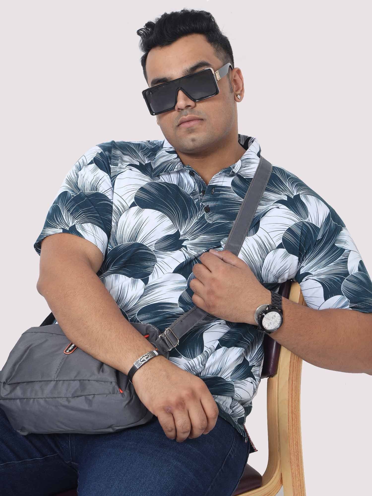 Men Plus Size Big Grey Flower Digital Printed Polo Collar T-shirt - Guniaa Fashions