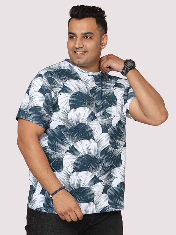 Men Plus Size Big Grey Flower Digital Printed Round Neck T-Shirt - Guniaa Fashions