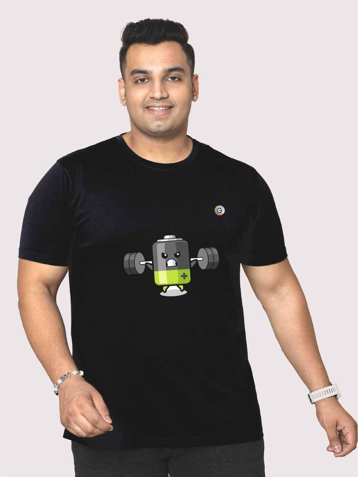 Men Plus Size Black Battery Cartoon Printed Round Neck T-Shirt - Guniaa Fashions