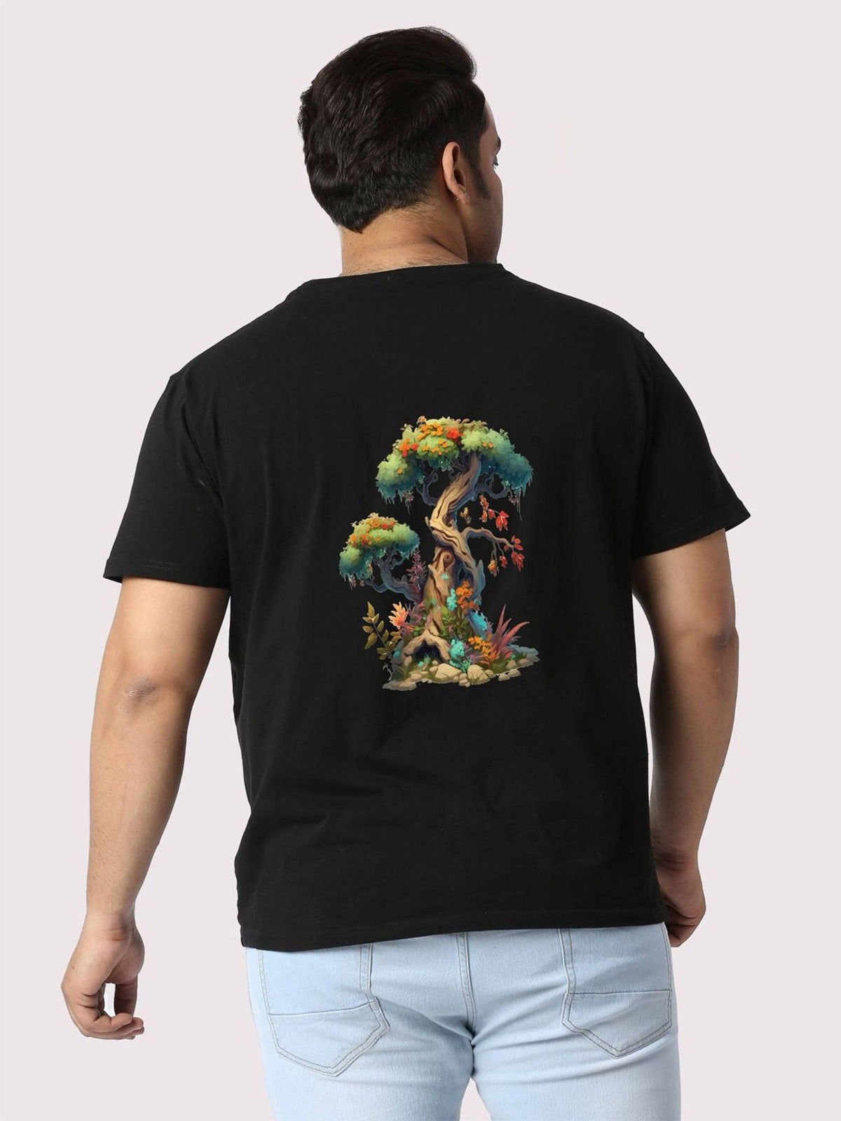 Men Plus Size Black Bonsai Tree Printed Round Neck T-Shirt. - Guniaa Fashions