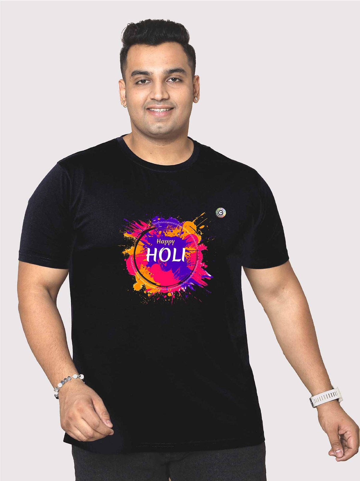 Men Plus Size Black Colorful Happy Holi Printed Round Neck T-Shirt - Guniaa Fashions