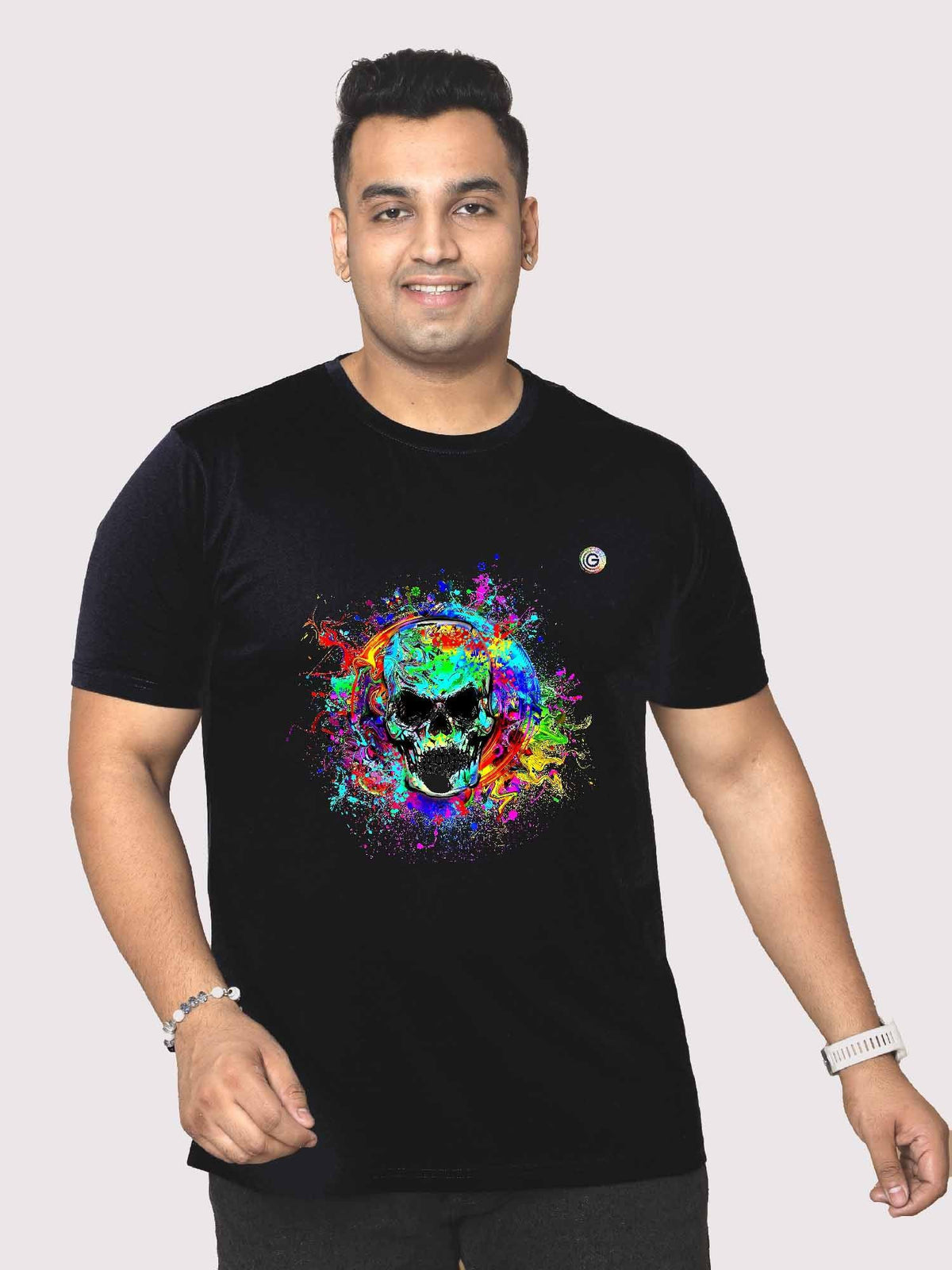 Men Plus Size Black Colorful Skull Printed Round Neck T-Shirt - Guniaa Fashions