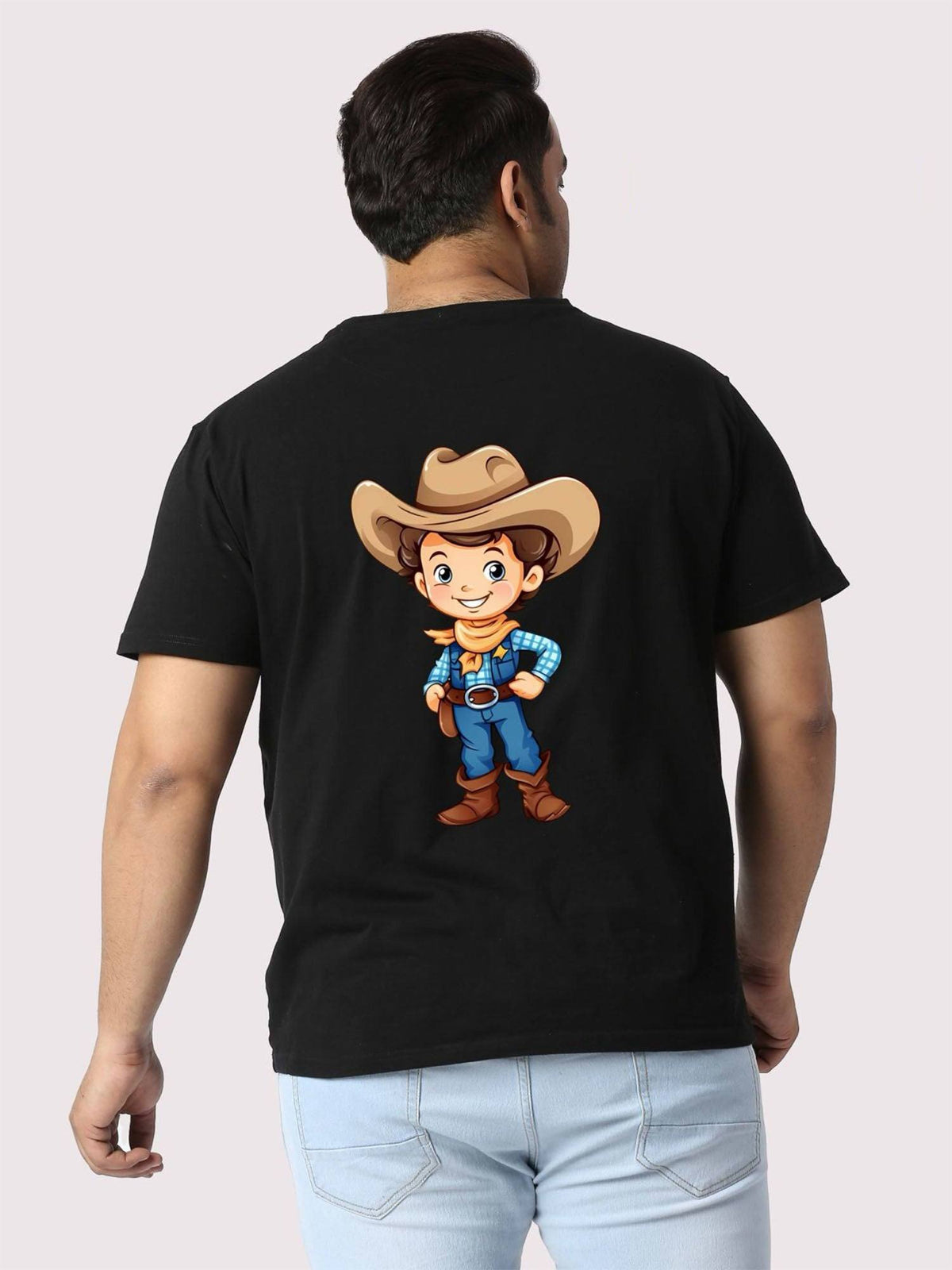 Men Plus Size Black Cowboy Printed Round Neck T-Shirt. - Guniaa Fashions