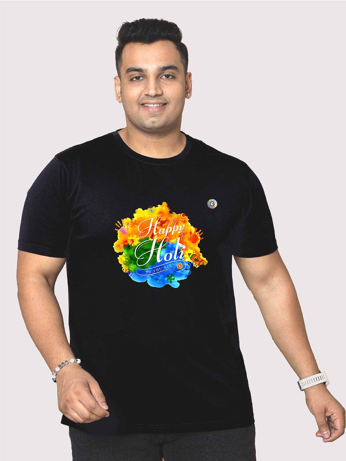 Men Plus Size Black Festively Holi Printed Round Neck T-Shirt - Guniaa Fashions