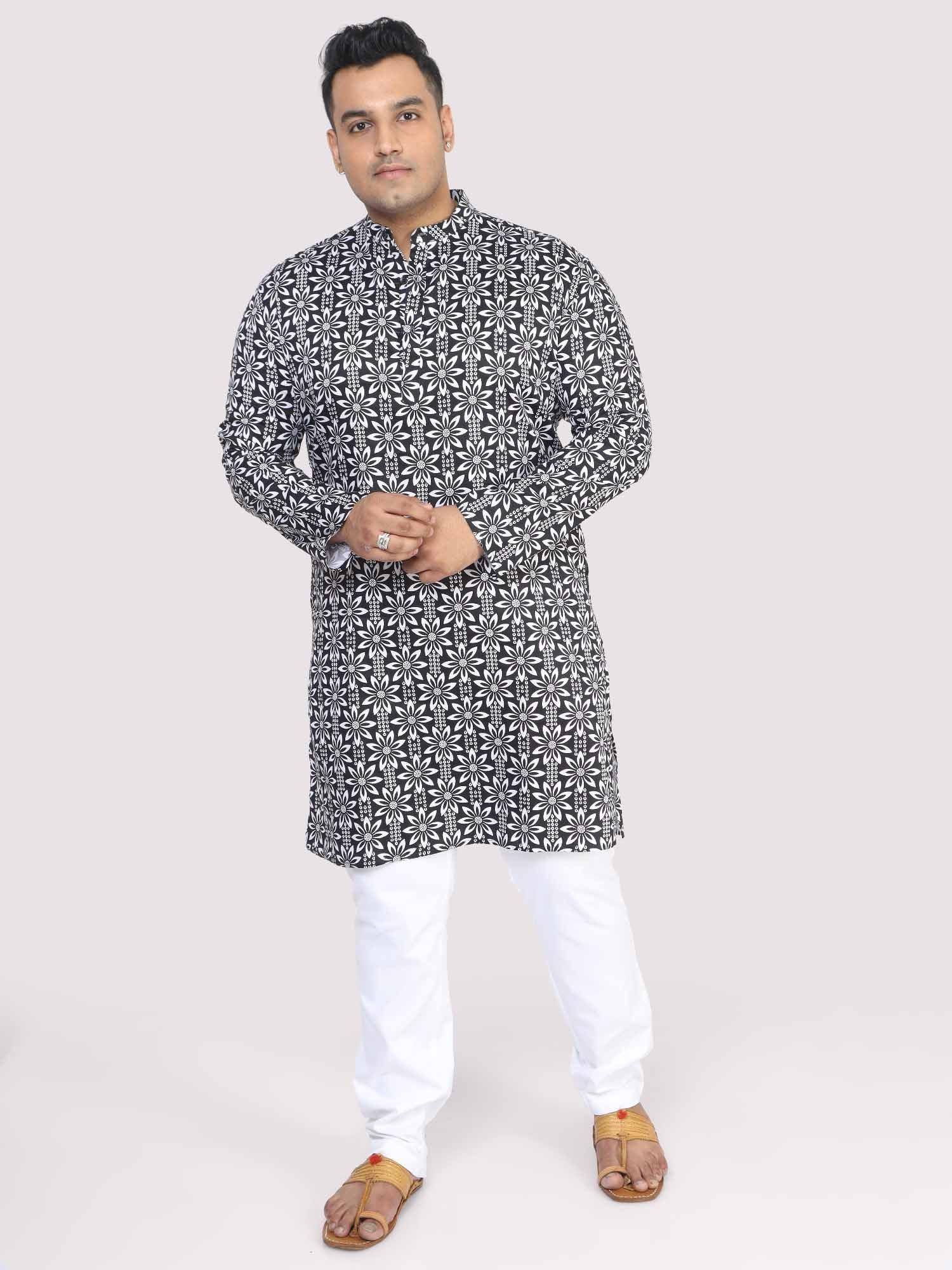 Men Plus Size Black Floral Digital Printed Kurta - Guniaa Fashions