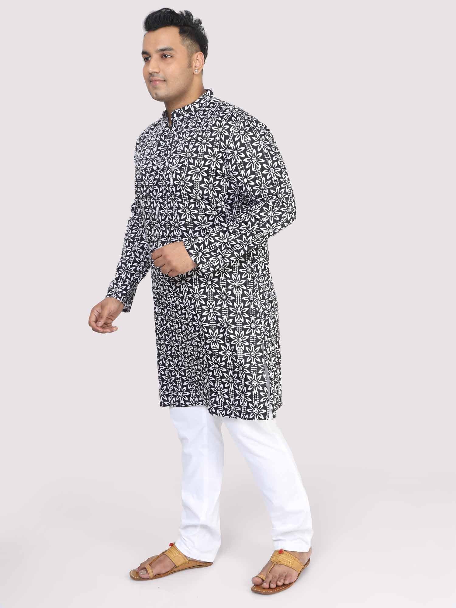 Men Plus Size Black Floral Digital Printed Kurta - Guniaa Fashions