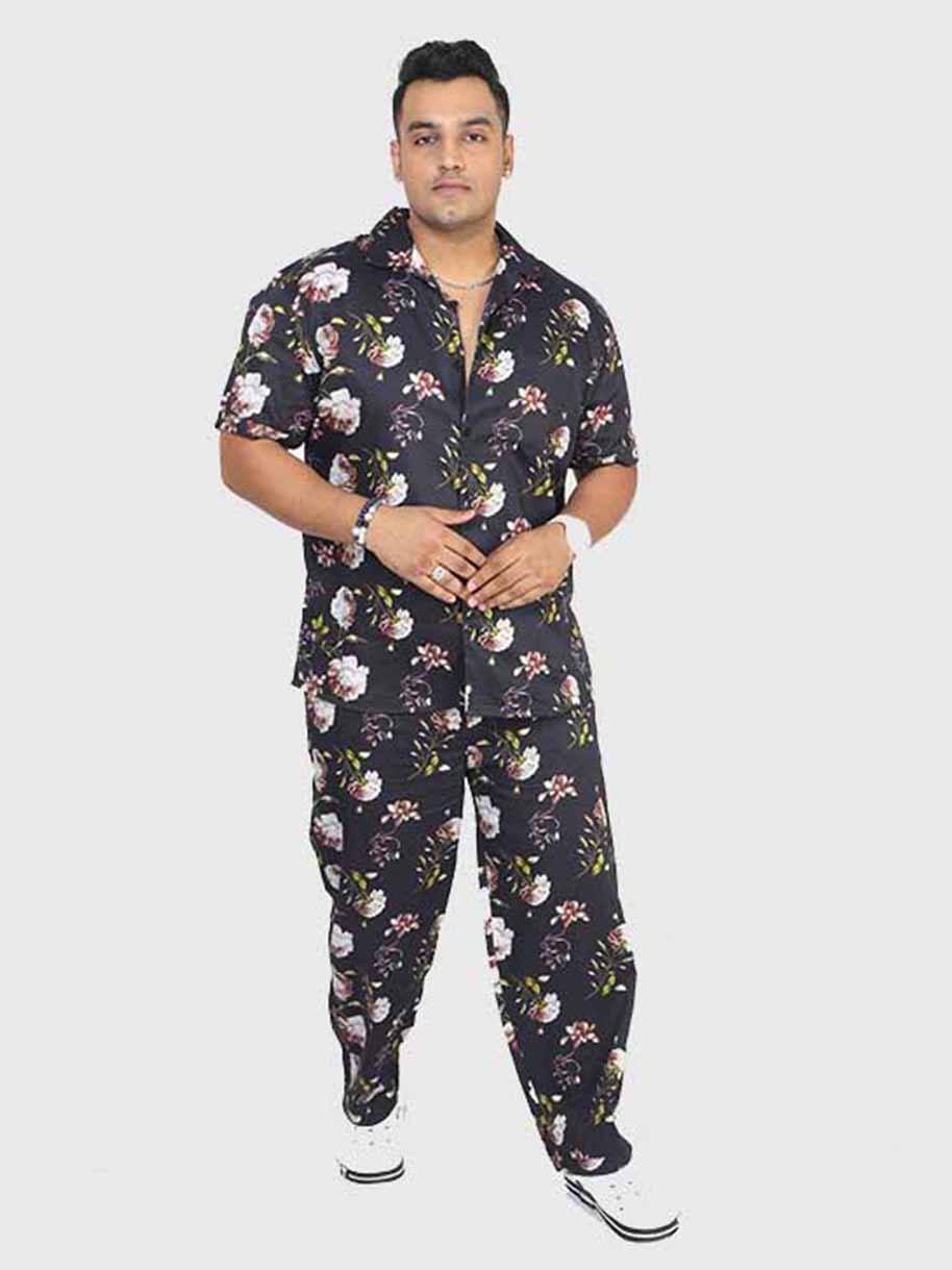 Men Plus Size Black Floral Printed FULL Sleeve Co-Ords - Guniaa Fashions