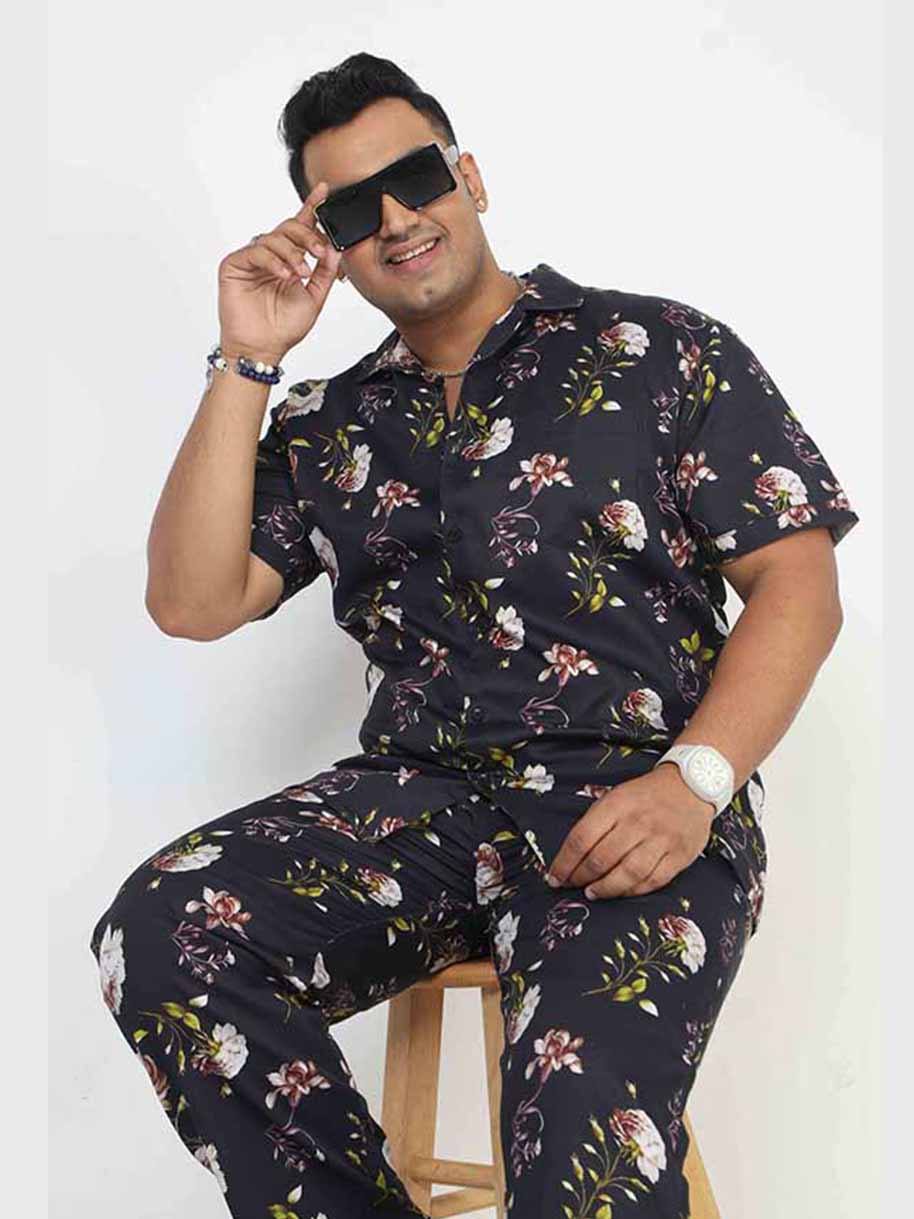 Men Plus Size Black Floral Printed FULL Sleeve Co-Ords - Guniaa Fashions