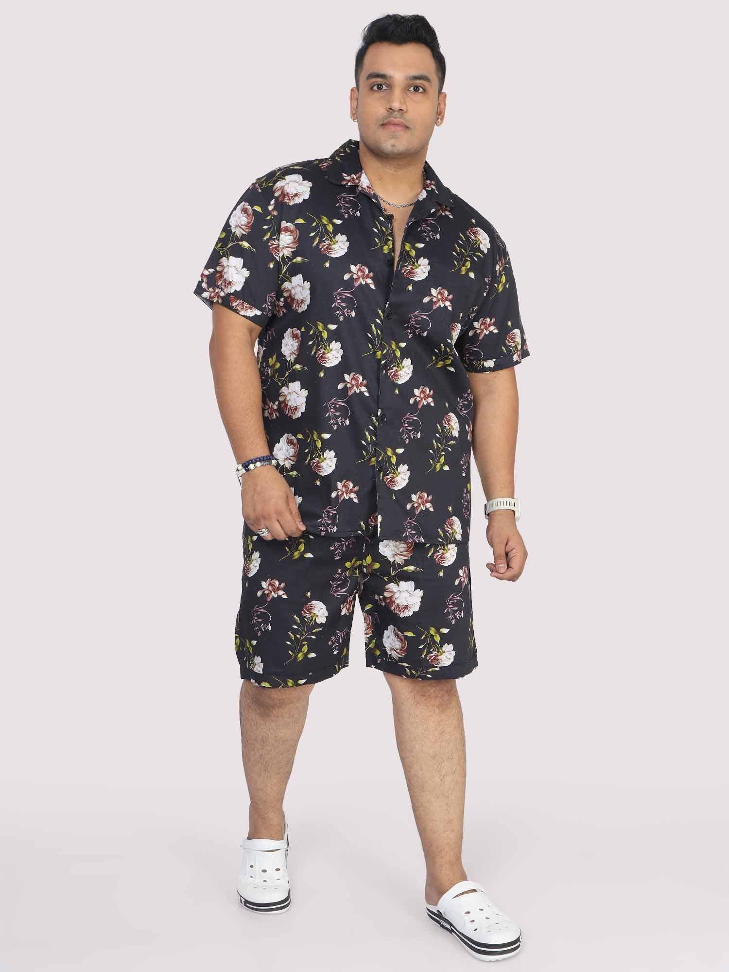 Men Plus Size Black Floral Printed Half Sleeve Co-Ords - Guniaa Fashions