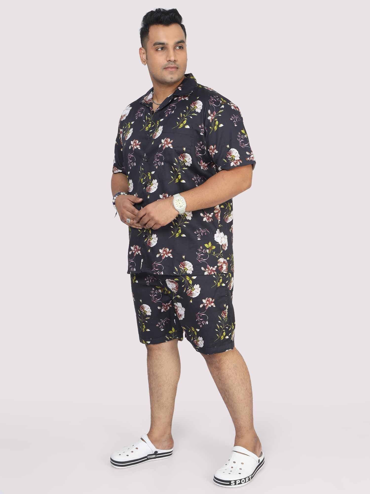 Men Plus Size Black Floral Printed Half Sleeve Co-Ords - Guniaa Fashions