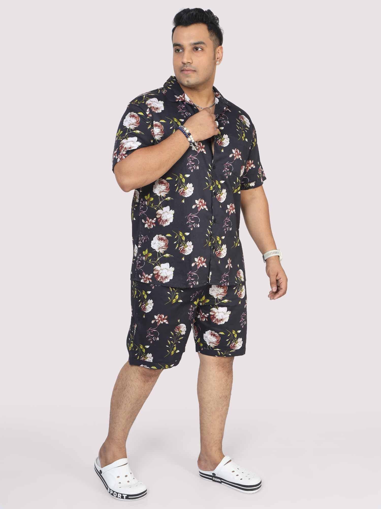 Men Plus Size Black Floral Printed Half Sleeve Co-Ords - Guniaa Fashions