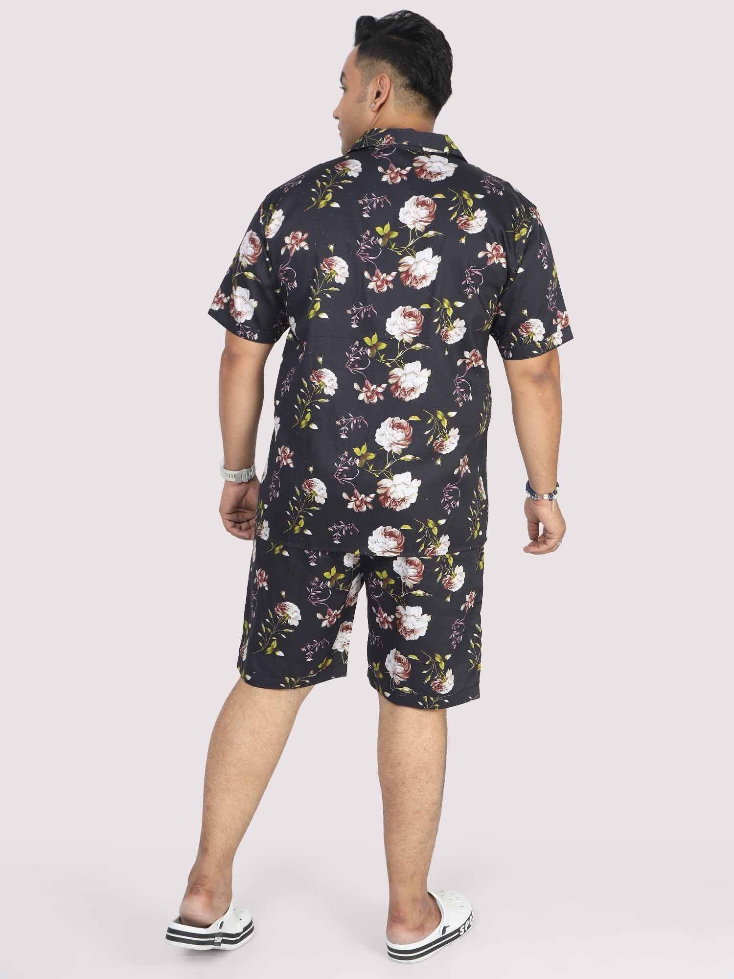 Men Plus Size Black Floral Printed Half Sleeve Co-Ords - Guniaa Fashions