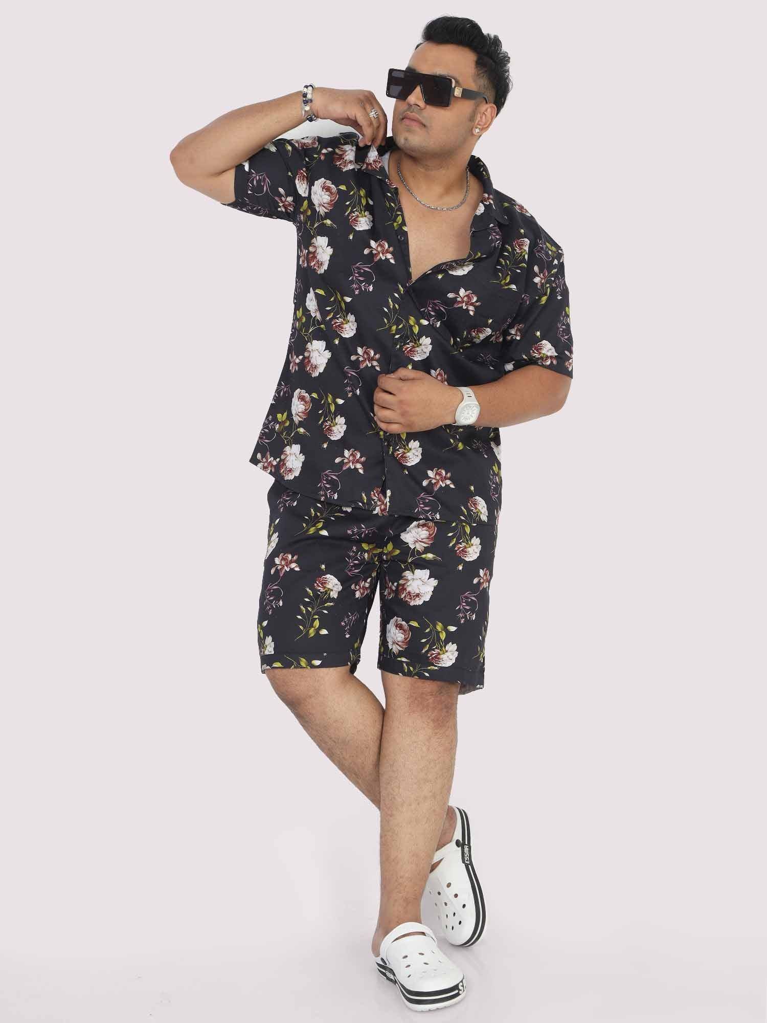 Men Plus Size Black Floral Printed Half Sleeve Co-Ords - Guniaa Fashions