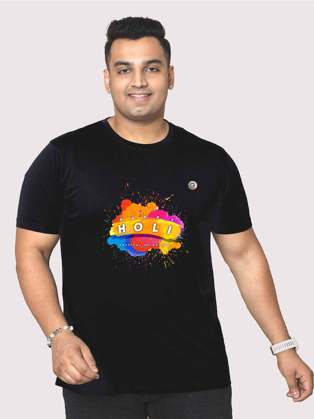 Men Plus Size Black Happy Holi Printed Round Neck T-Shirt - Guniaa Fashions