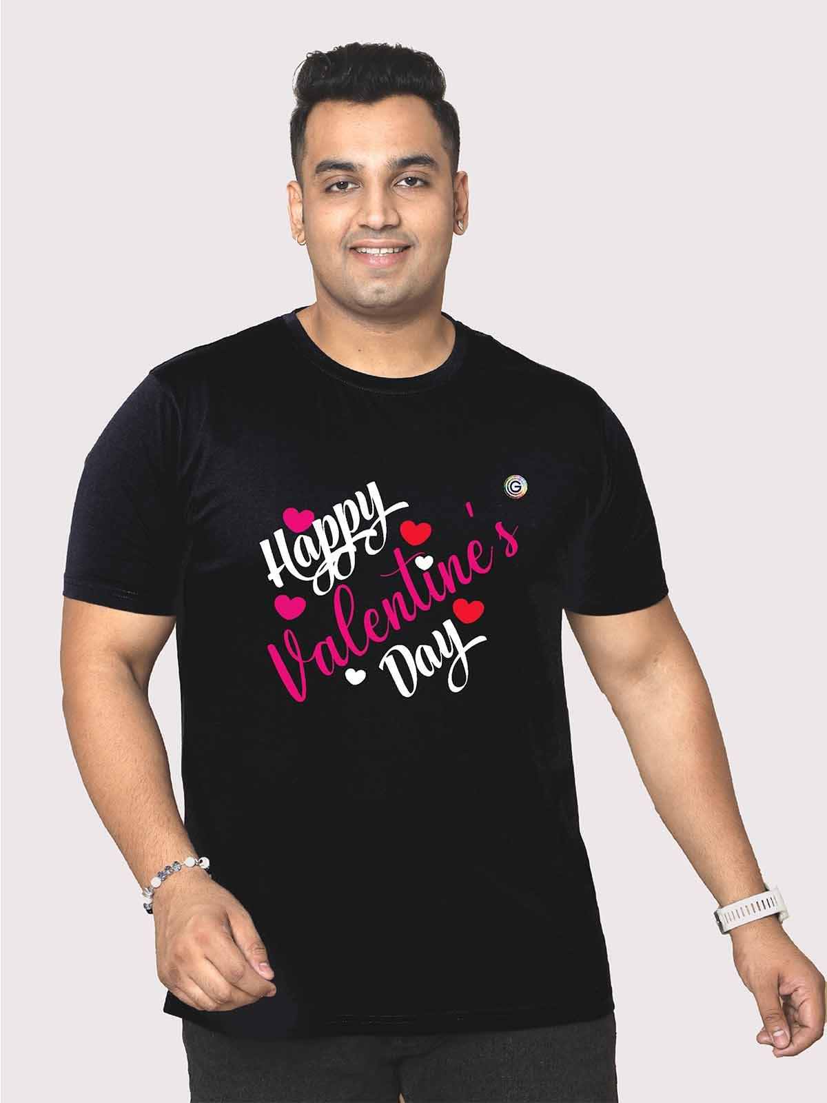 Men Plus Size Black Happy Valentine's Day Printed Round Neck T-Shirt - Guniaa Fashions