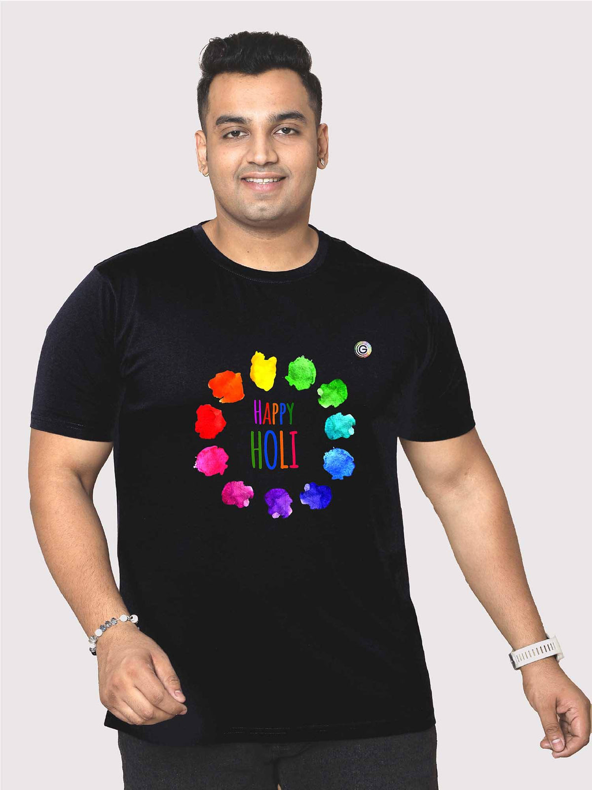 Men Plus Size Black Holi Colors Printed Round Neck T-Shirt - Guniaa Fashions