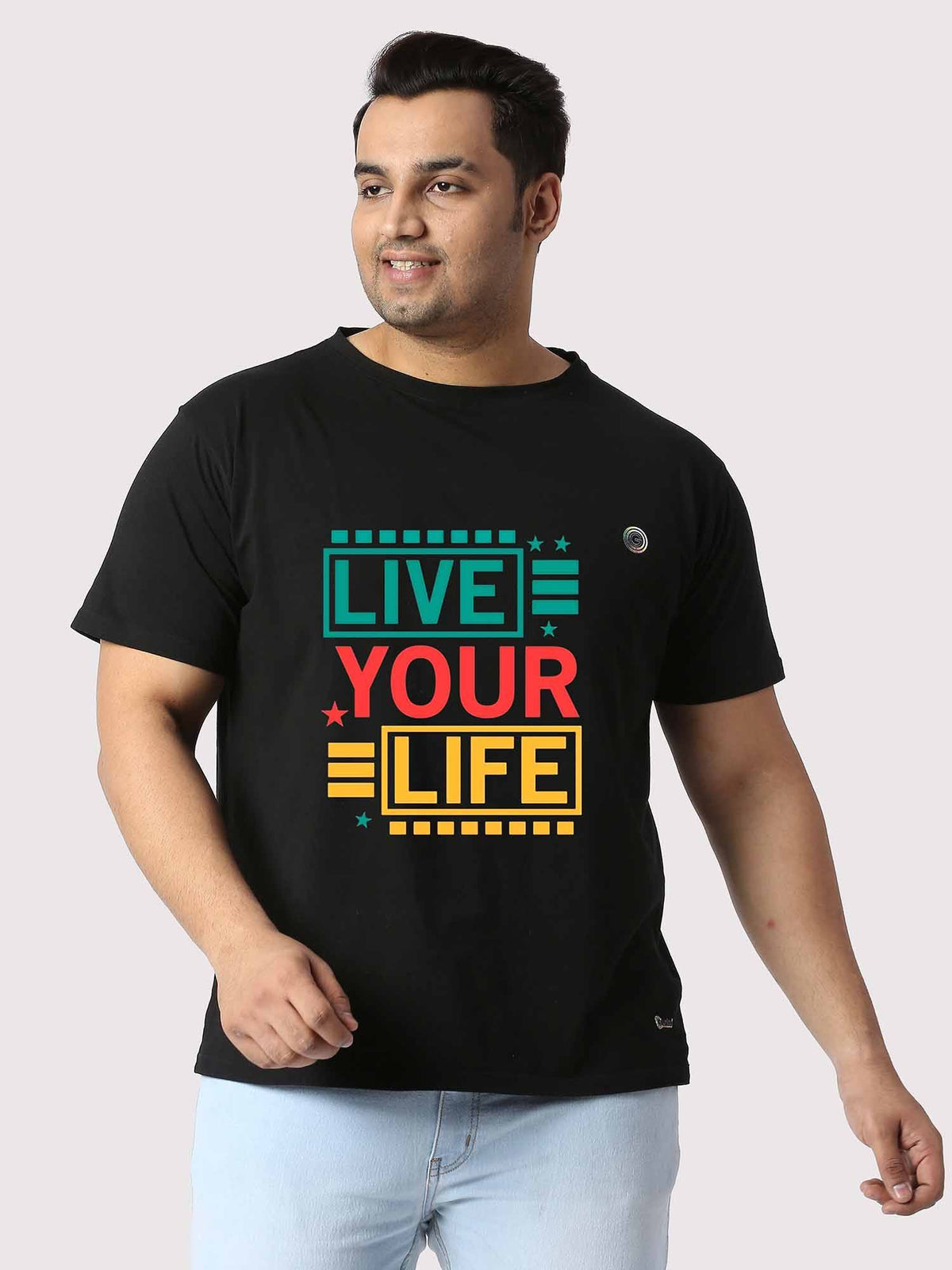 Men Plus Size Black Live Your Life Printed Round Neck T-Shirt - Guniaa Fashions