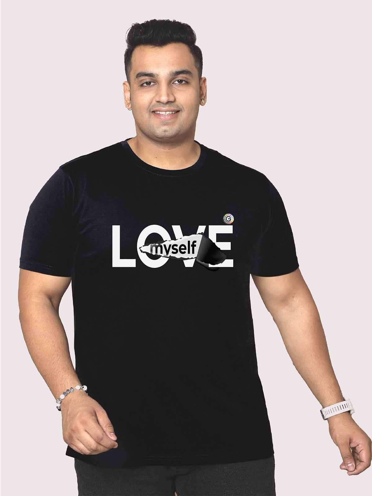 Men Plus Size Black Love My Self Printed Round Neck T-Shirt. - Guniaa Fashions