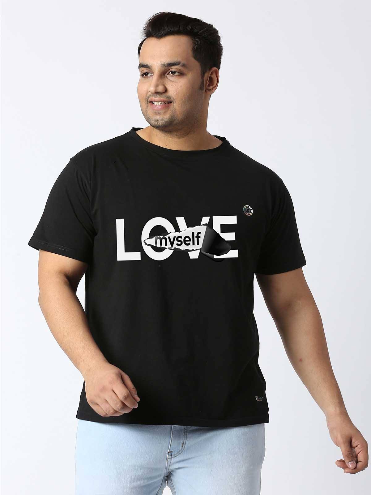 Men Plus Size Black Love My Self Printed Round Neck T-Shirt. - Guniaa Fashions