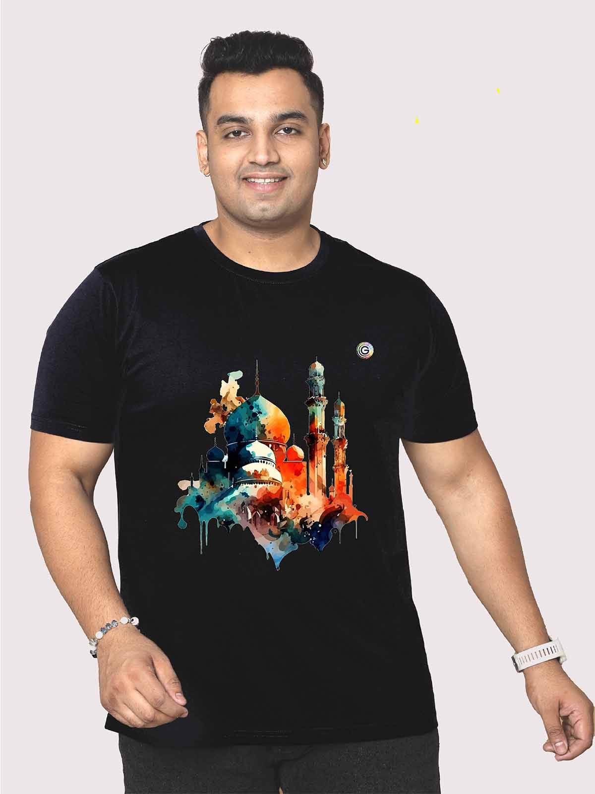 Men Plus Size Black Mosque Printed Round Neck T-Shirt - Guniaa Fashions