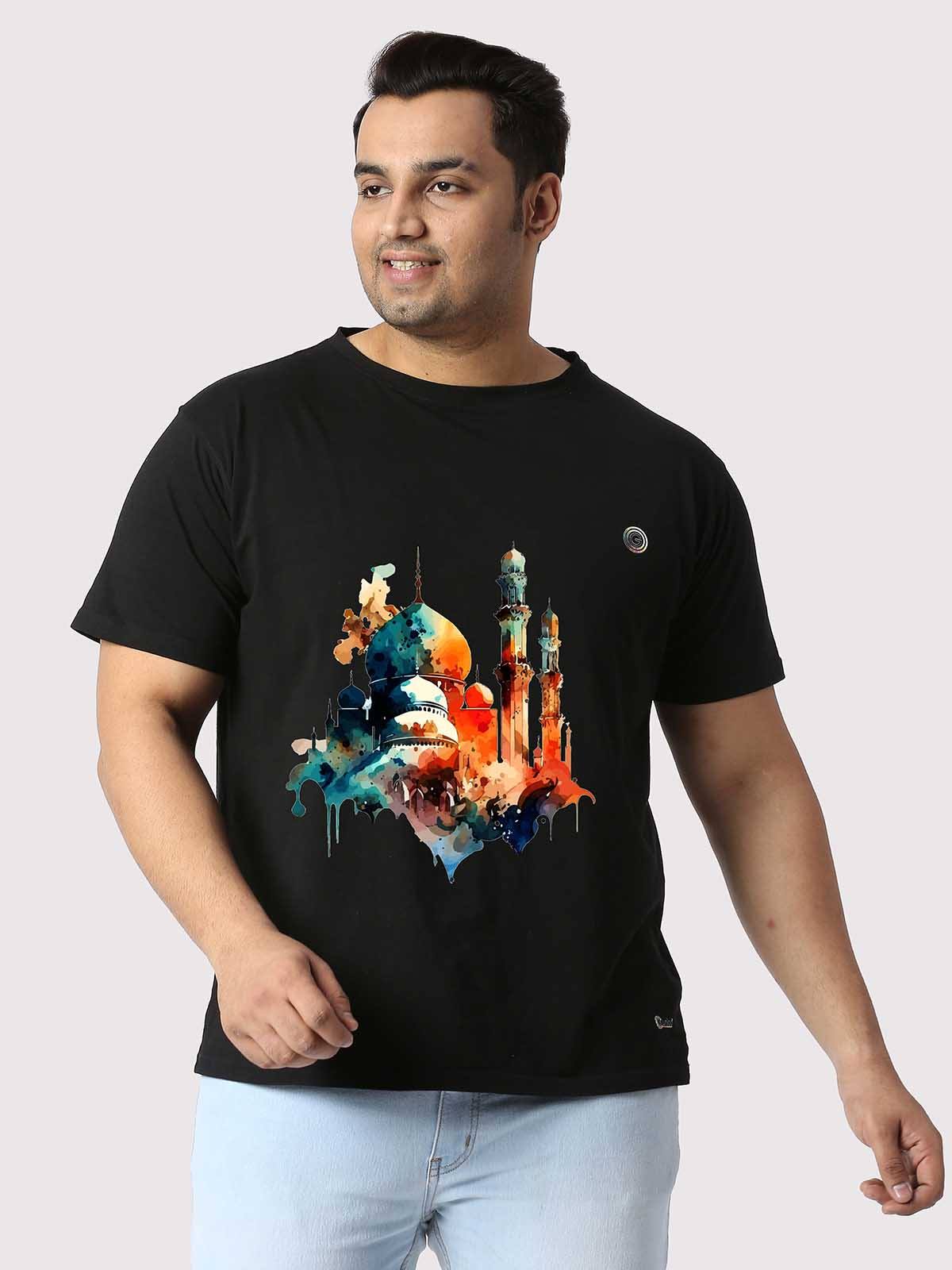 Men Plus Size Black Mosque Printed Round Neck T-Shirt - Guniaa Fashions