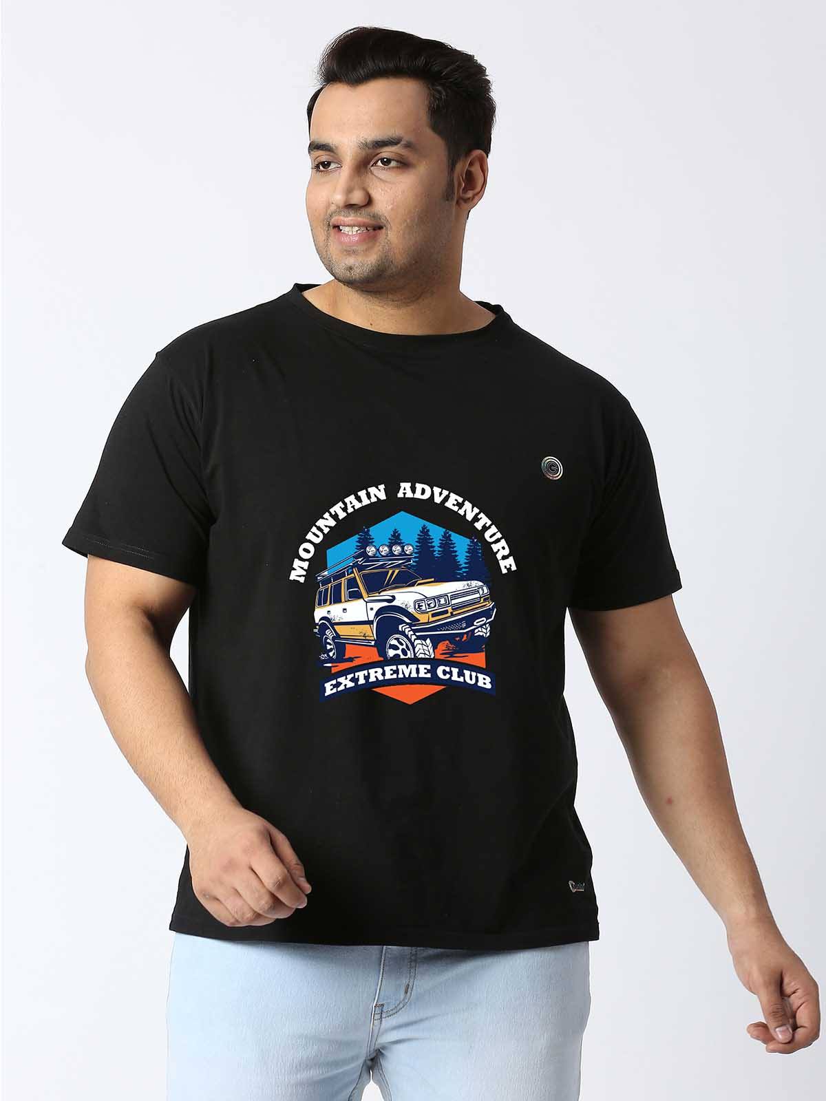 Men Plus Size Black Mountain Adventure Printed Round Neck T-Shirt - Guniaa Fashions