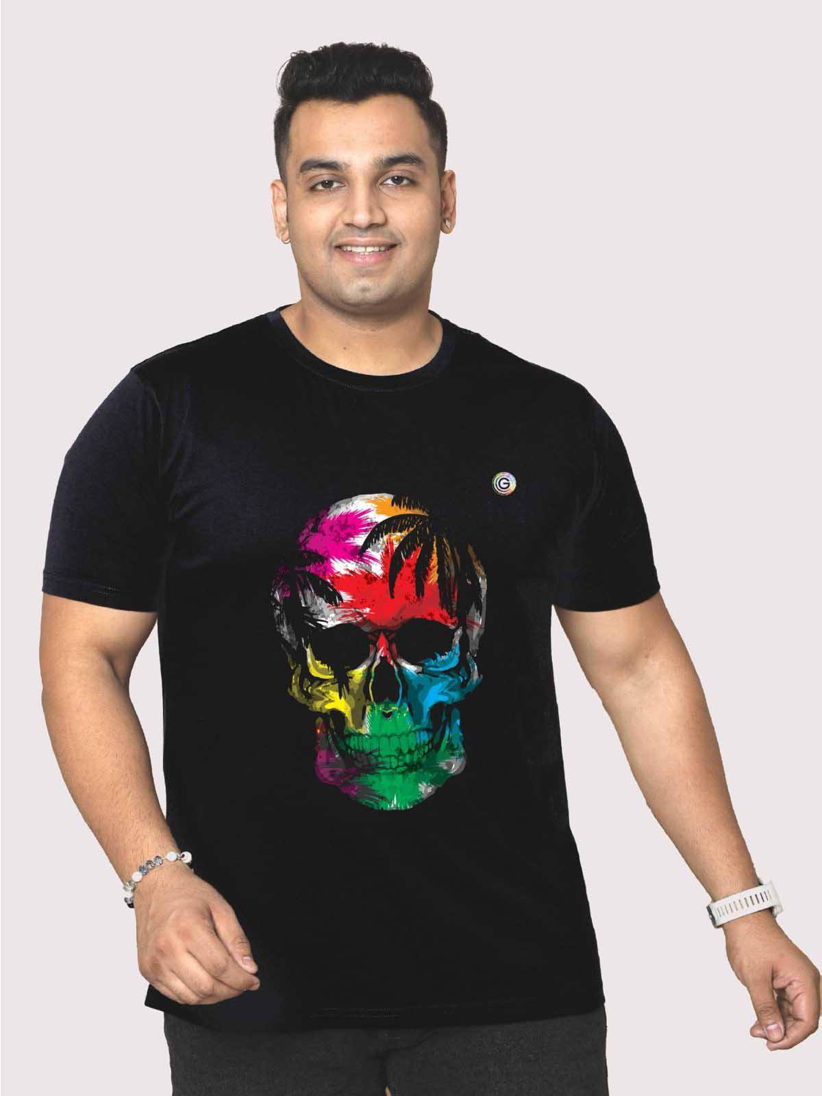 Men Plus Size Black Tropical Skull Printed Round Neck T-Shirt - Guniaa Fashions