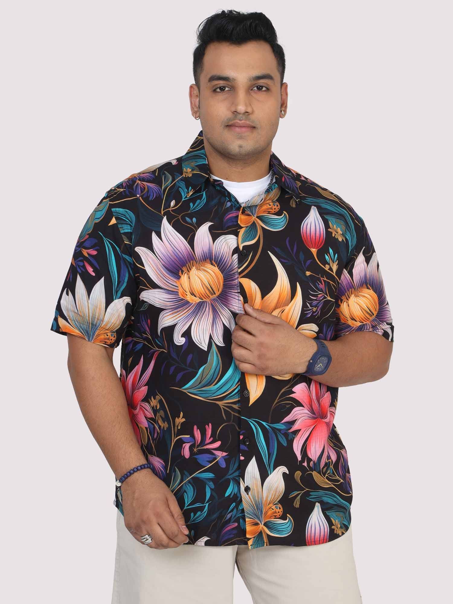 Men Plus Size Blue Floral Digital Printed Half Shirt - Guniaa Fashions