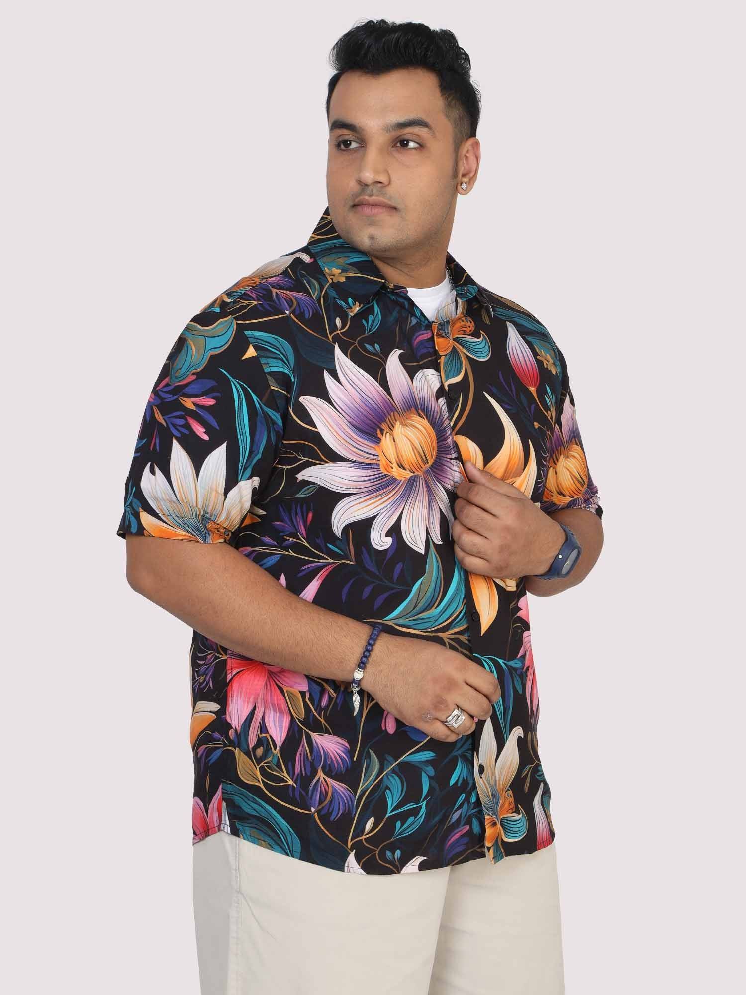 Men Plus Size Blue Floral Digital Printed Half Shirt - Guniaa Fashions