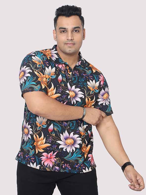 Men Plus Size Blue Floral Digital Printed Polo Collar T-shirt - Guniaa Fashions