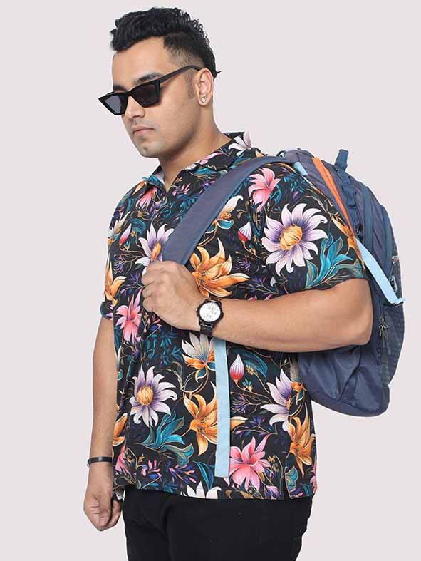 Men Plus Size Blue Floral Digital Printed Polo Collar T-shirt - Guniaa Fashions