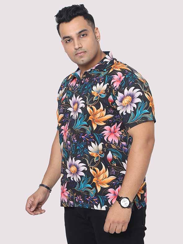 Men Plus Size Blue Floral Digital Printed Polo Collar T-shirt - Guniaa Fashions