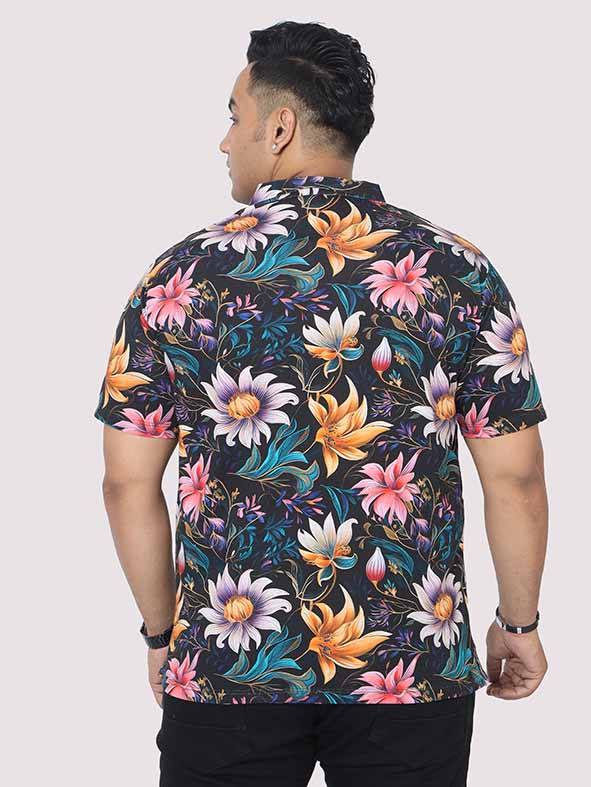 Men Plus Size Blue Floral Digital Printed Polo Collar T-shirt - Guniaa Fashions