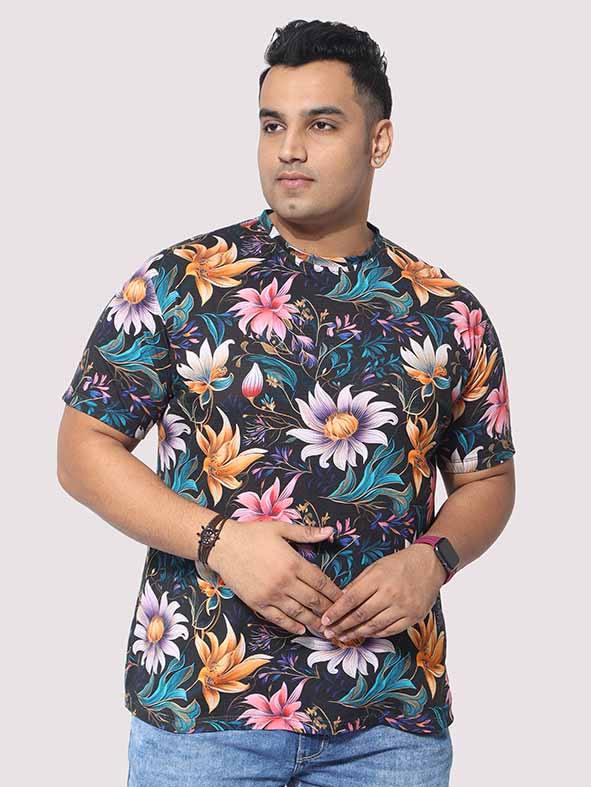 Men Plus Size Blue Floral Digital Printed Round Neck T-Shirt - Guniaa Fashions