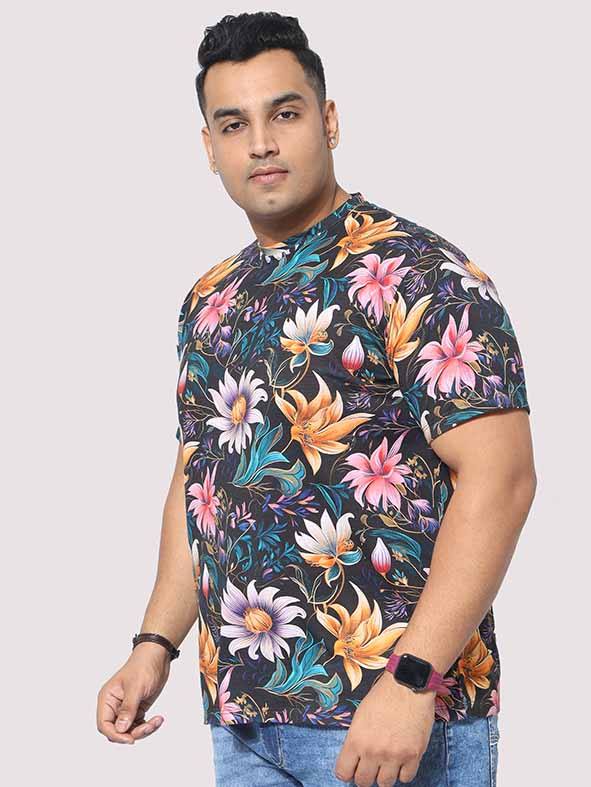 Men Plus Size Blue Floral Digital Printed Round Neck T-Shirt - Guniaa Fashions