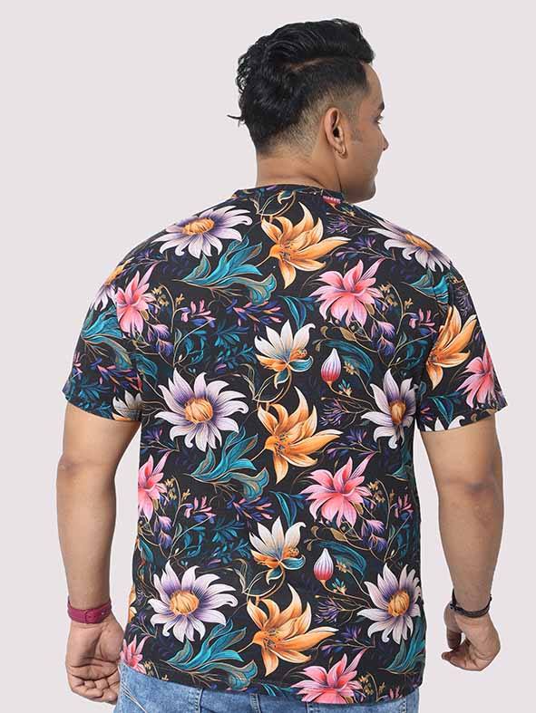 Men Plus Size Blue Floral Digital Printed Round Neck T-Shirt - Guniaa Fashions