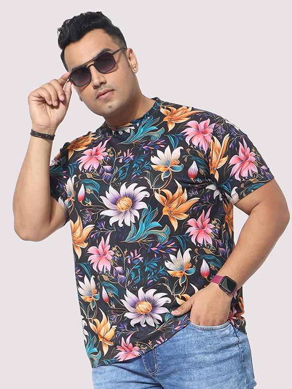 Men Plus Size Blue Floral Digital Printed Round Neck T-Shirt - Guniaa Fashions