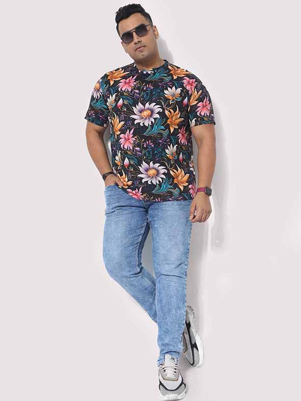 Men Plus Size Blue Floral Digital Printed Round Neck T-Shirt - Guniaa Fashions