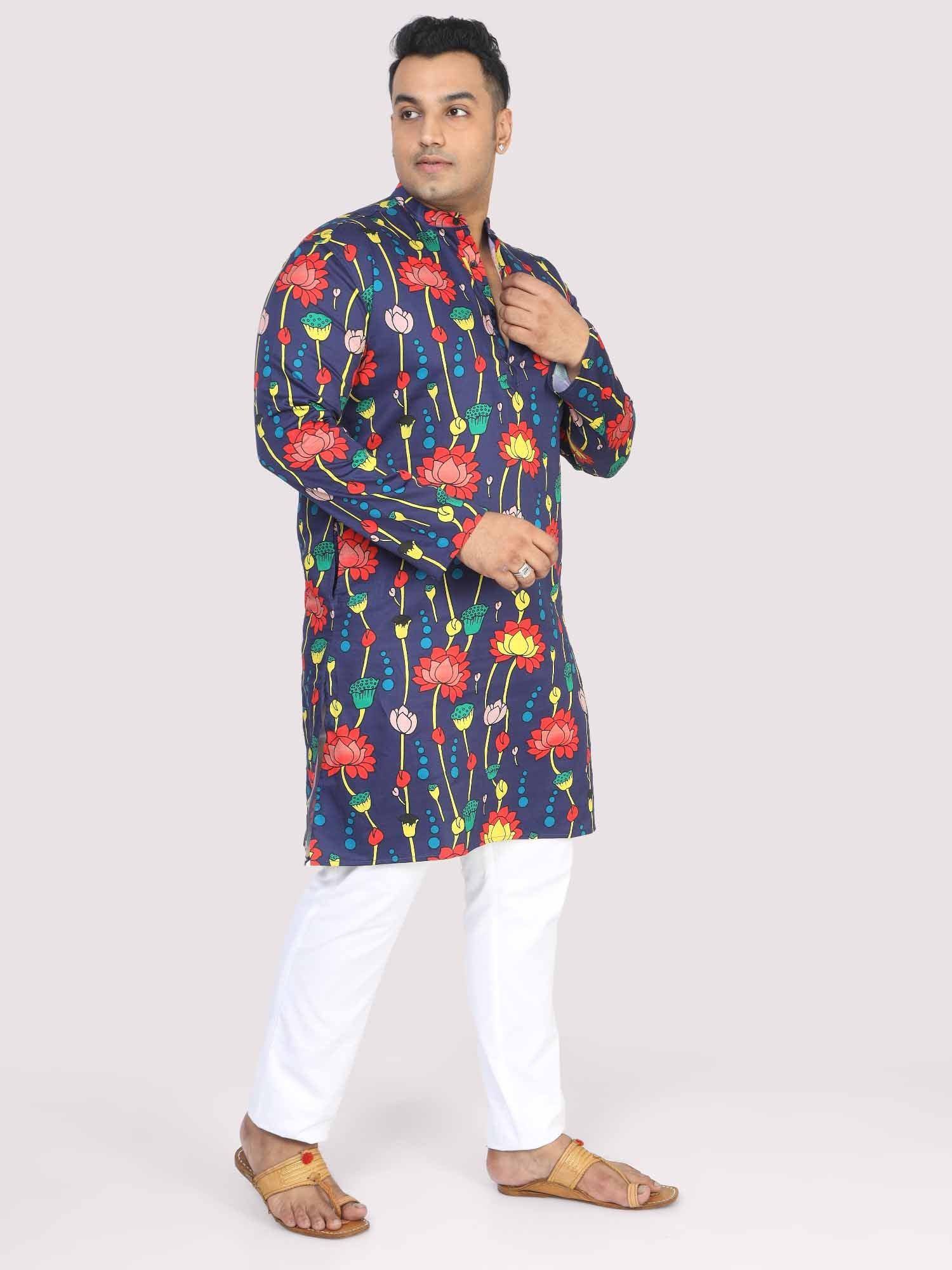 Men Plus Size Blue Lotus Digital Printed Kurta - Guniaa Fashions