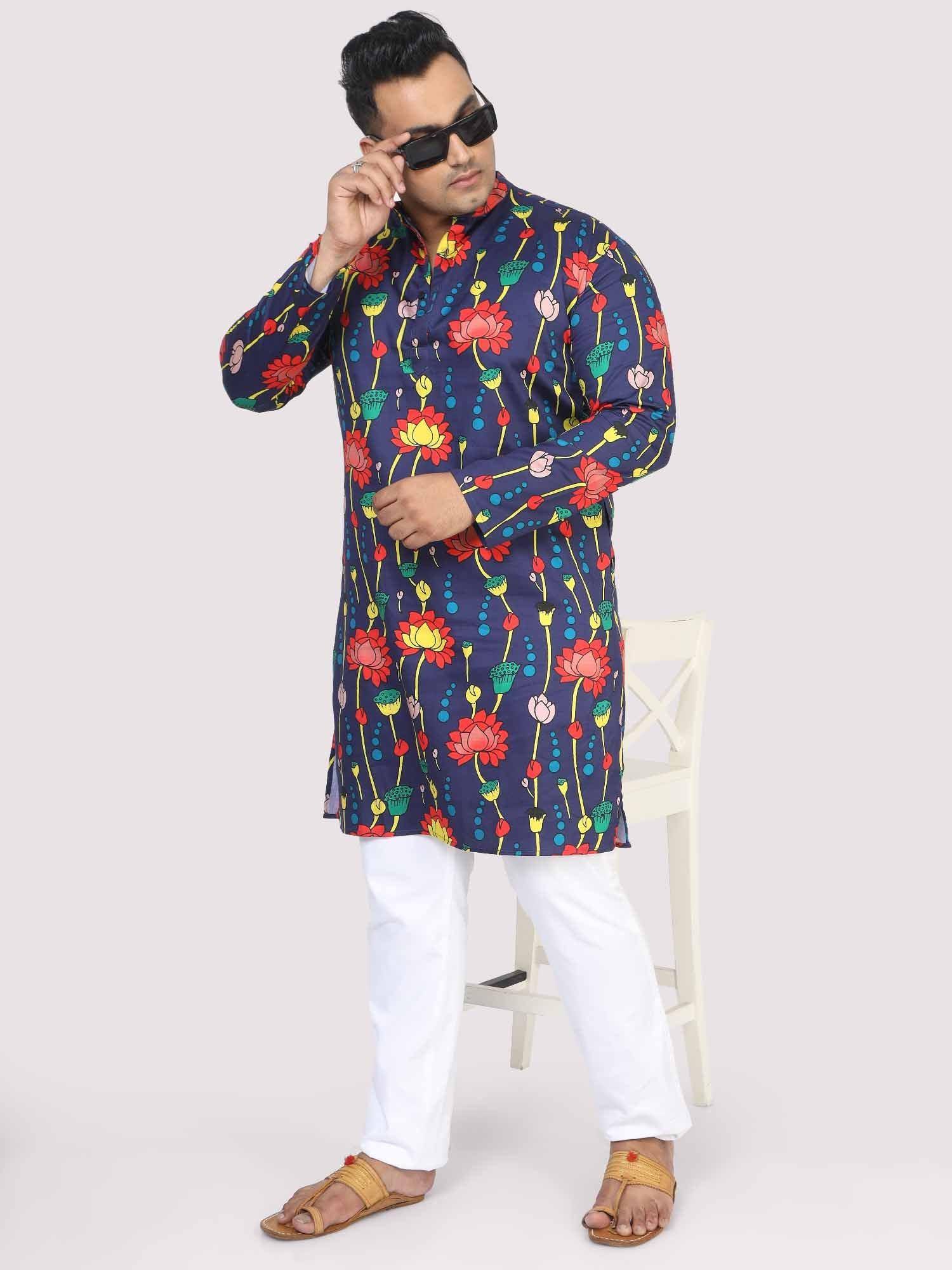 Men Plus Size Blue Lotus Digital Printed Kurta - Guniaa Fashions