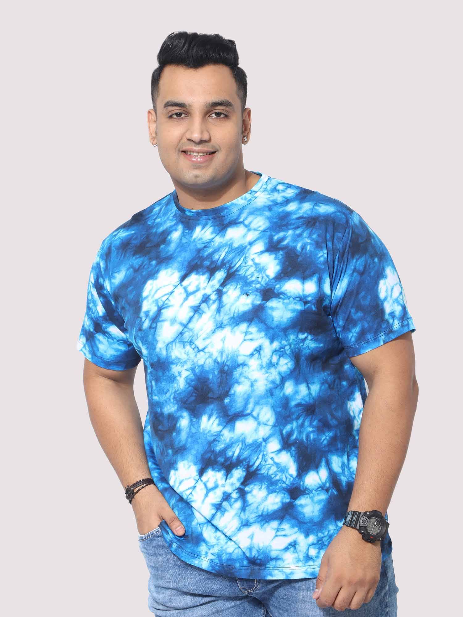 Men Plus Size Blue Tie Dye Texture Digital Printed Round Neck T-Shirt - Guniaa Fashions