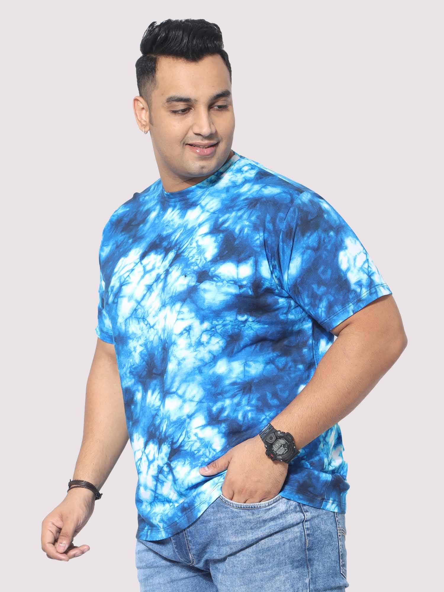 Men Plus Size Blue Tie Dye Texture Digital Printed Round Neck T-Shirt - Guniaa Fashions