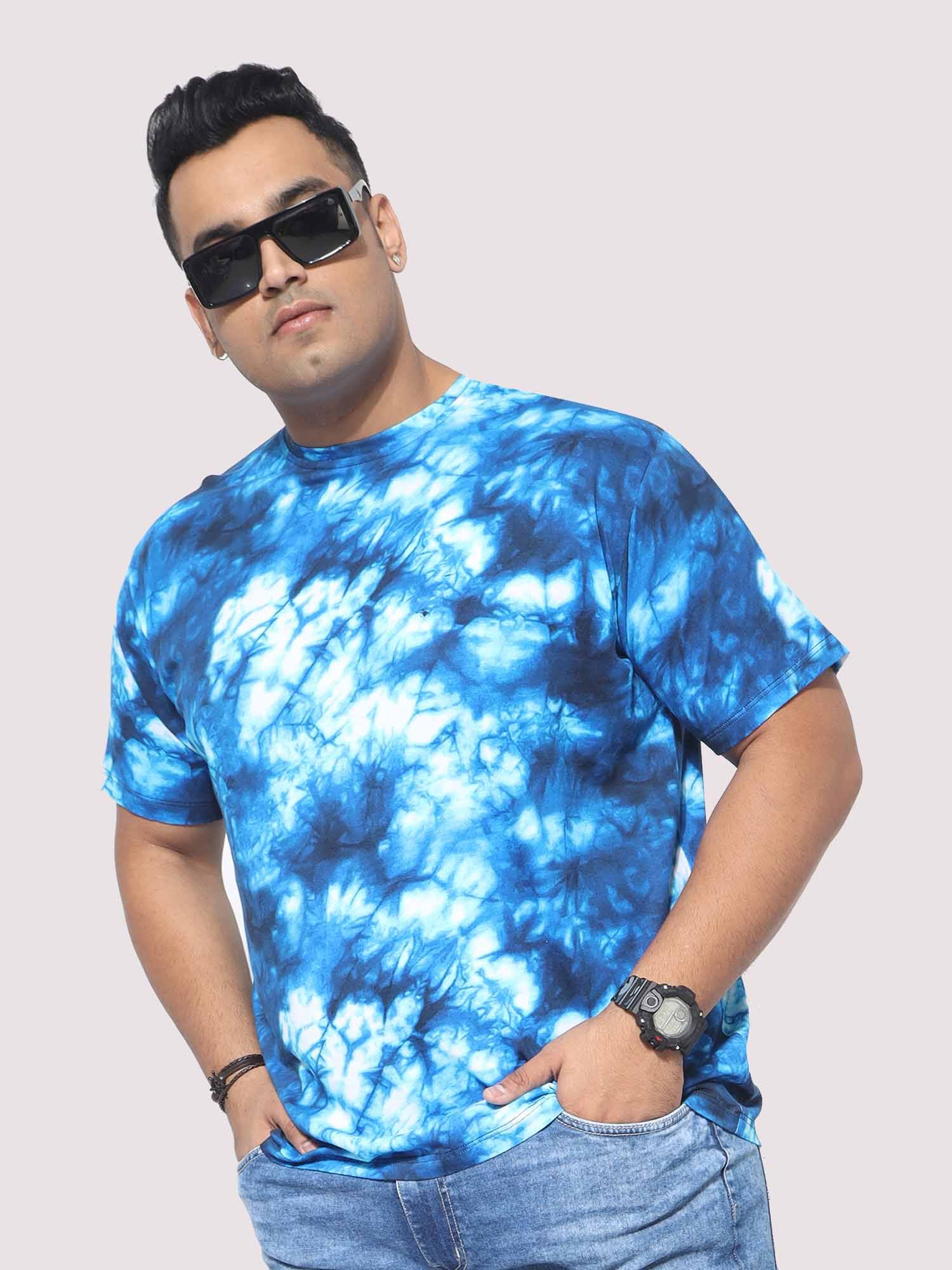 Men Plus Size Blue Tie Dye Texture Digital Printed Round Neck T-Shirt - Guniaa Fashions