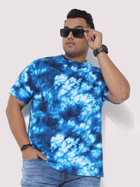 Men Plus Size Blue Tie Dye Texture Digital Printed Round Neck T-Shirt - Guniaa Fashions
