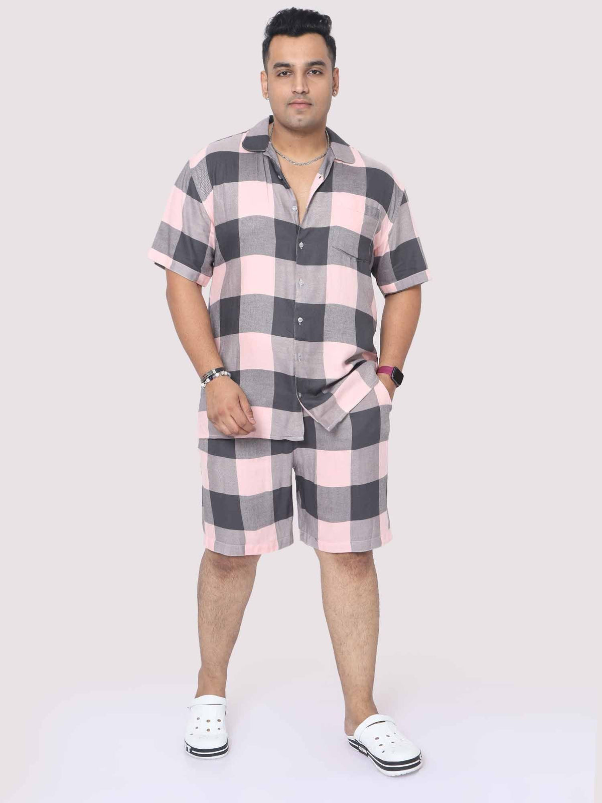 Men Plus Size Blush Grey Checks Printed Half Sleeve Co-Ords - Guniaa Fashions